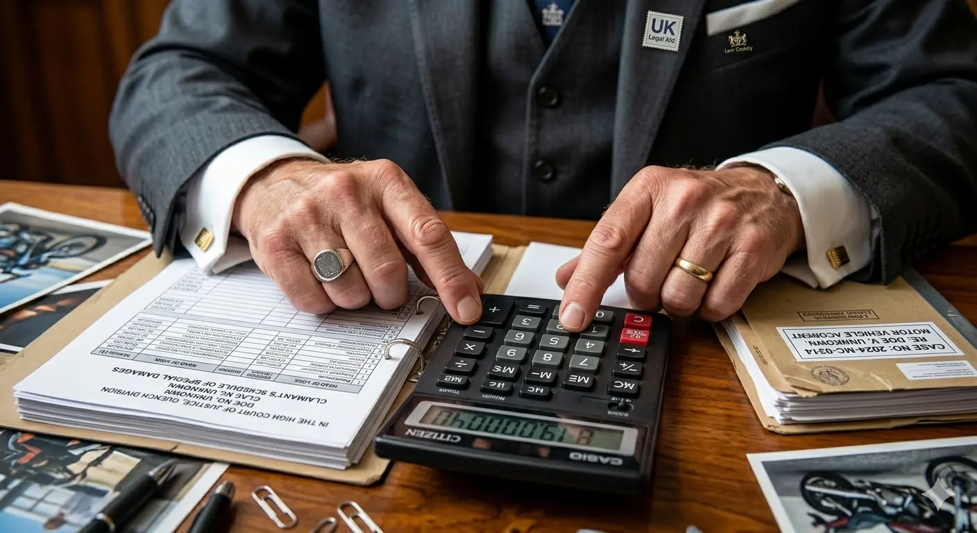 Close-up UK legal macro photograph showing a solicitor's hands using a calculator next to an itemized Special Damages spreadsheet.