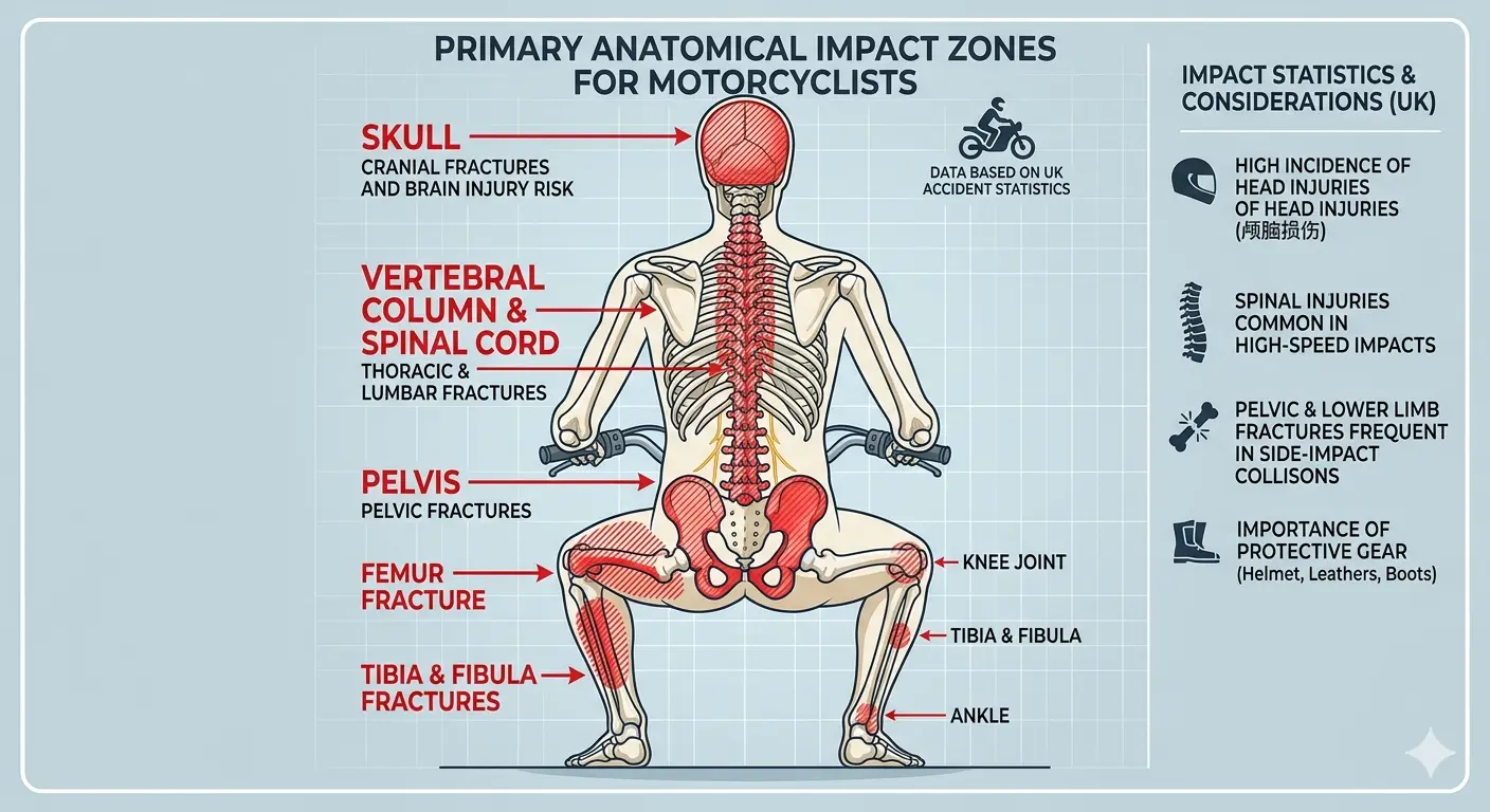 Medical-grade anatomical graphic highlighting primary impact zones for UK motorcyclists skull, vertebral column, pelvis, and lower extremities.