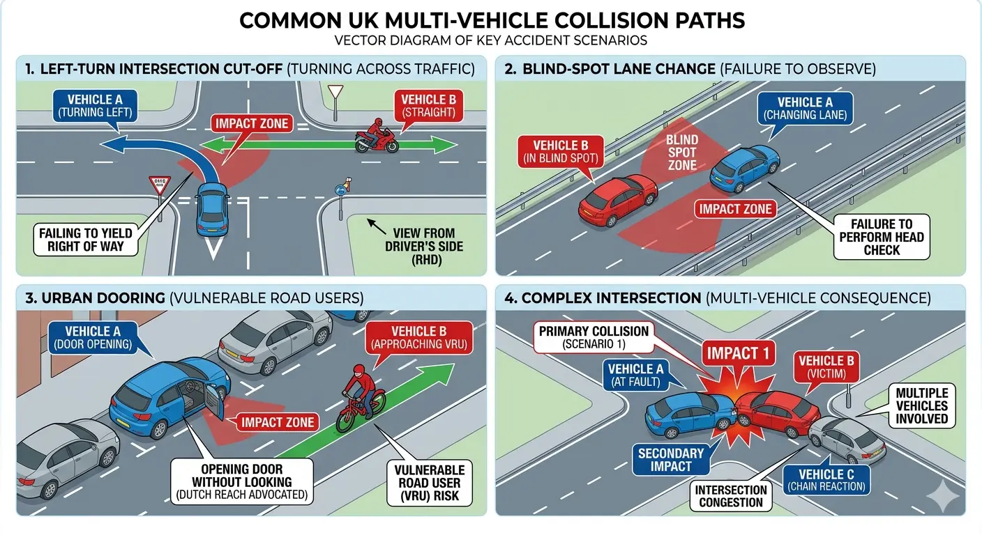 Multi-panel vector diagram illustrating common UK multi-vehicle collision paths left-turn intersection cut-off, blind-spot lane change, and urban dooring.