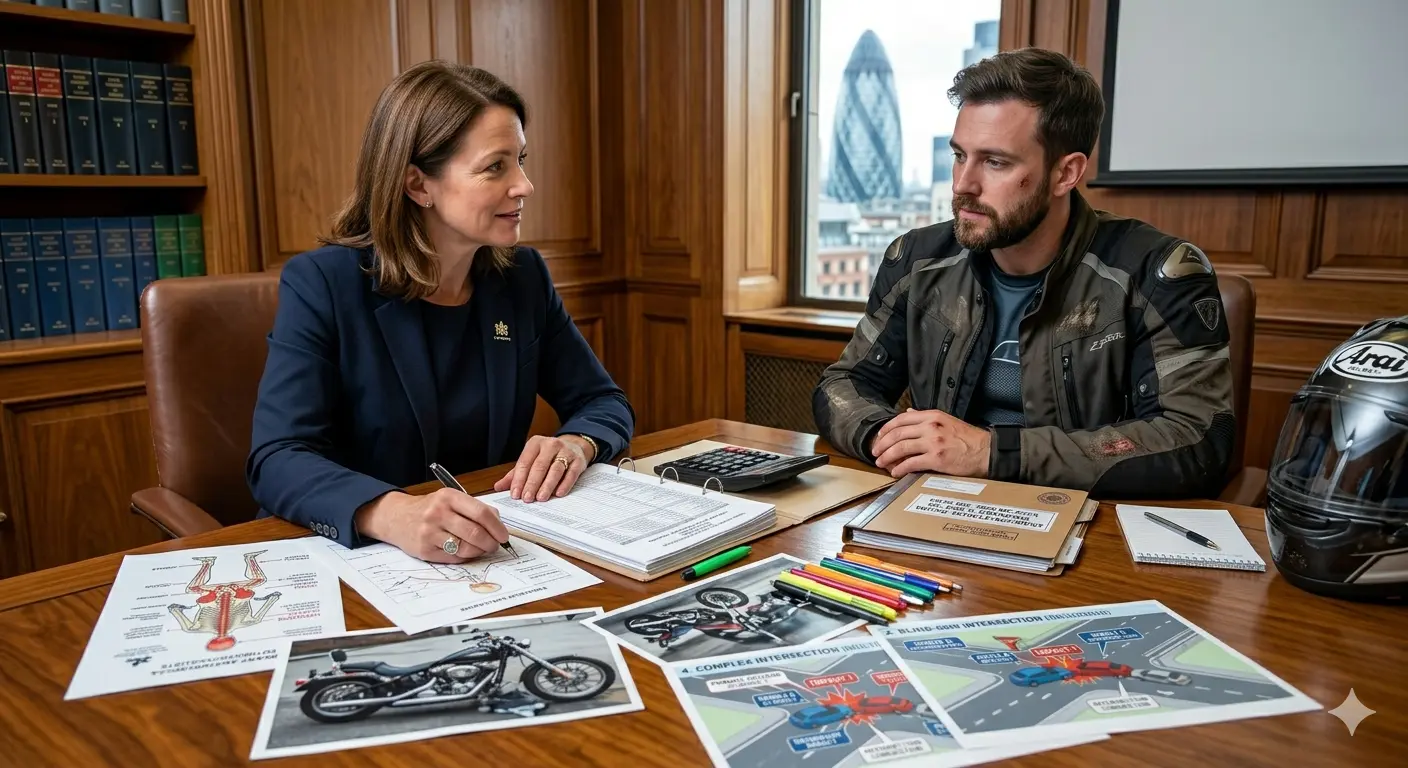 Professional image of a personal injury solicitor sitting across a conference table from a motorcyclist client, reviewing medical charts and scene diagrams.