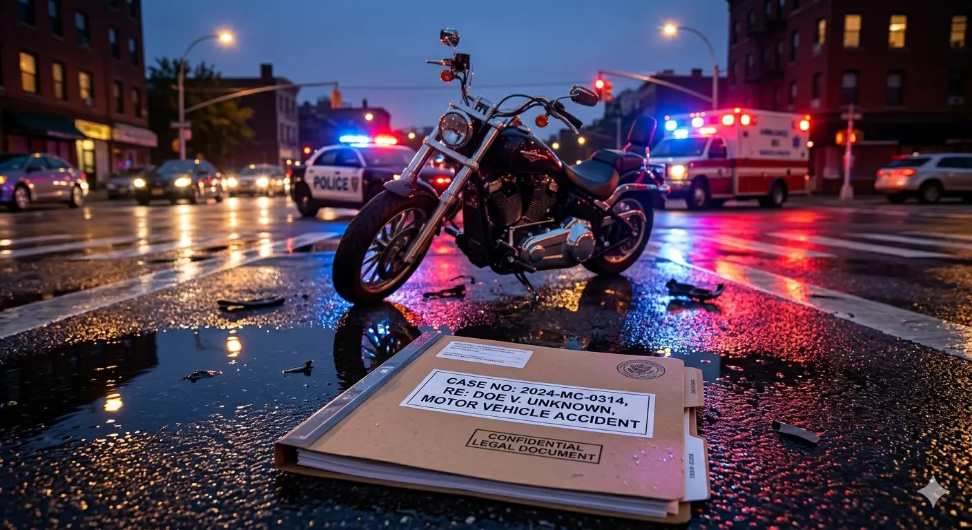 Professional photograph of a damaged cruiser motorcycle resting at an urban intersection during dusk, with emergency services vehicle lights reflecting on wet pavement. A legal case file sits focused in the foreground.